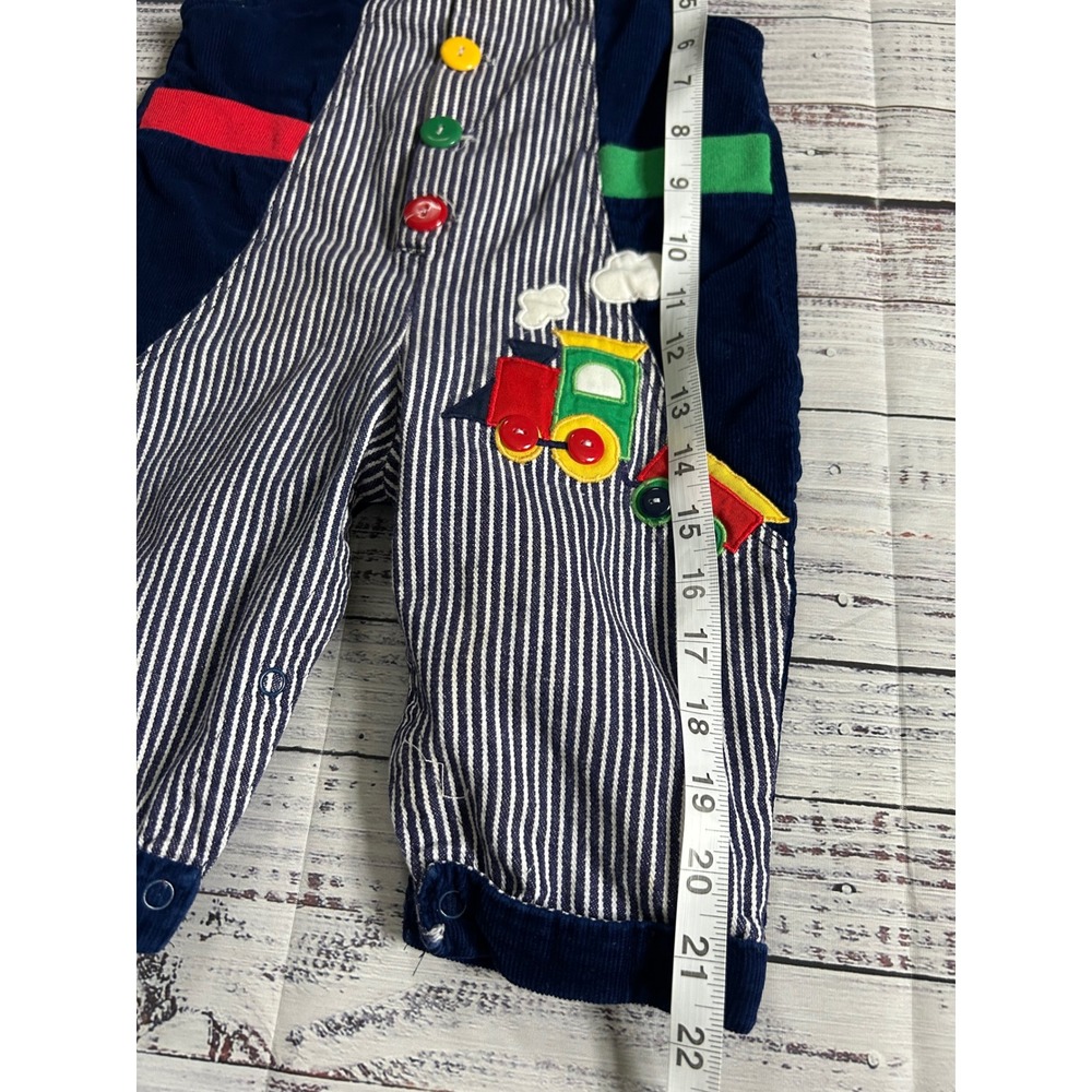 Vintage Railroad Stripe Corduroy Train Applique Overalls 12 Months - Picture 5 of 6